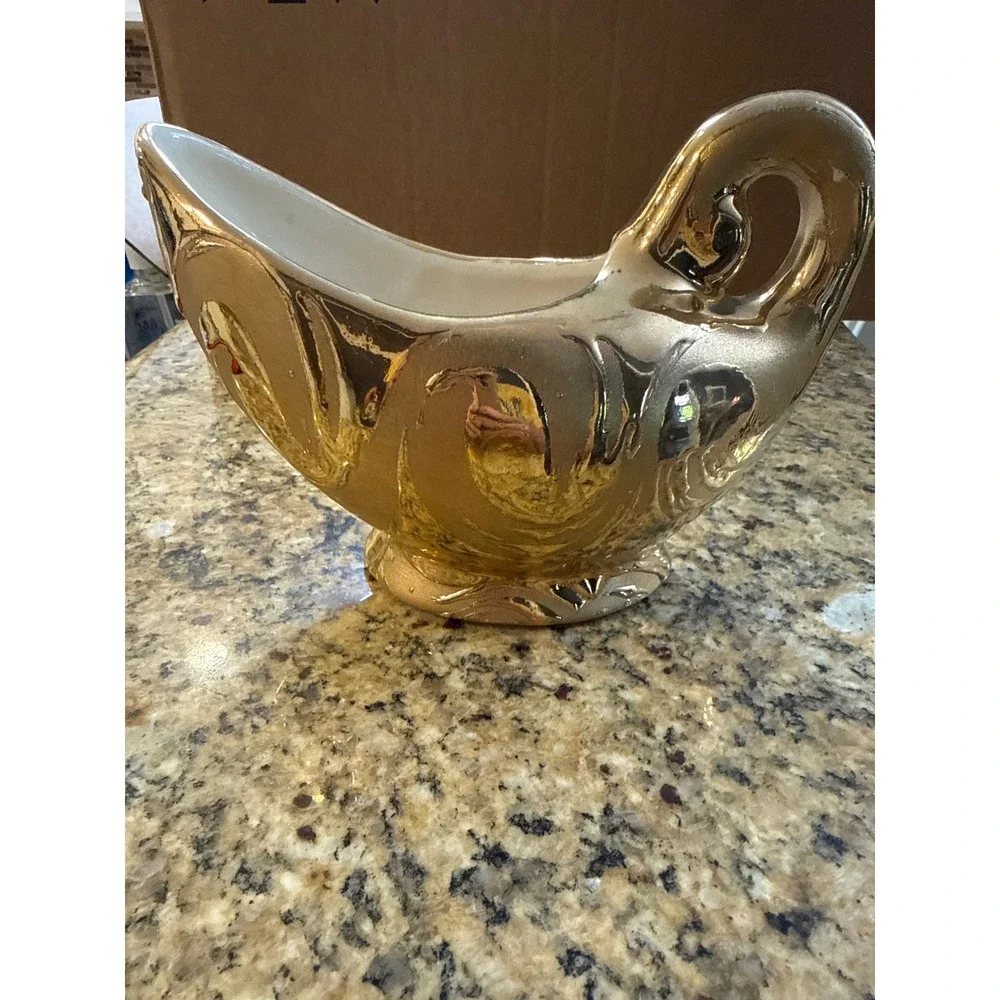 Vintage Gold Ceramic Swan Gravy Boat‎ Sauce Pitcher Hollywood Regency 8 Inch